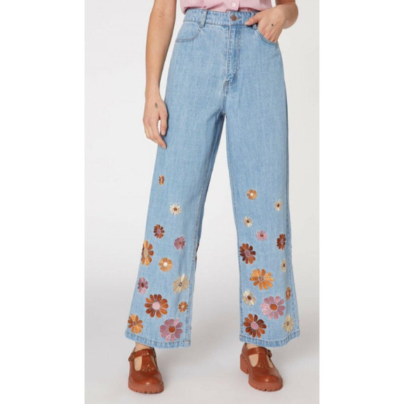 Princess Highway Womens Floral Embroidered Blue Denim Lindy Jeans AU 8 US Size 4 - Picture 1 of 10